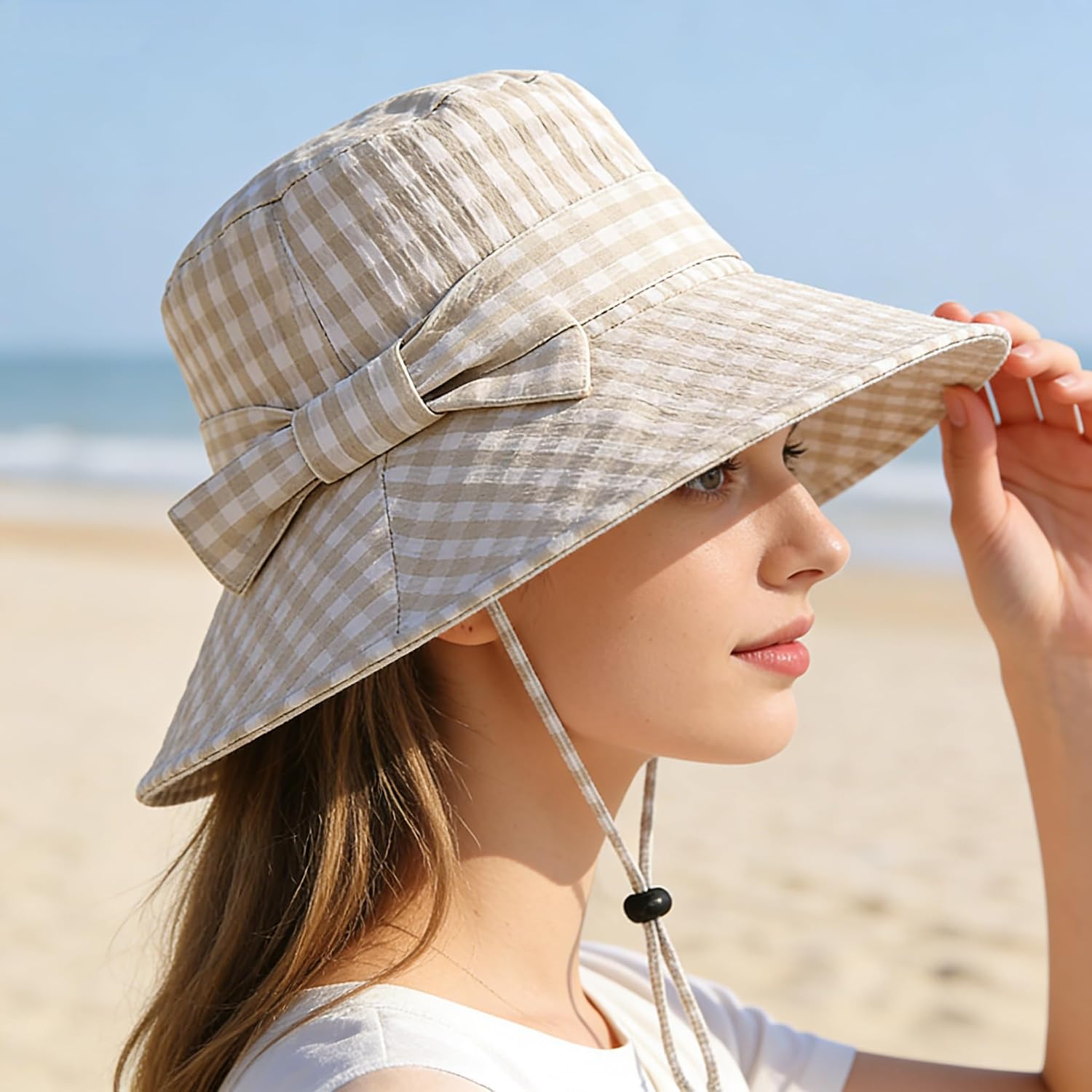 Women's Cotton Plaid Sun Hat, UV Protection Wide Brim Fishing Hat Summer Beach Outdoor Cap