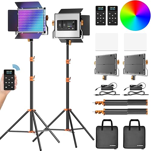 EMART 2 Packs 480 RGB LED Video Lighting Kit, 3 Modes360 RGB 2500K-9000K 20 Scene Effects RGB LED Lighting Panel with 7FT Air Cushioned Light Stand