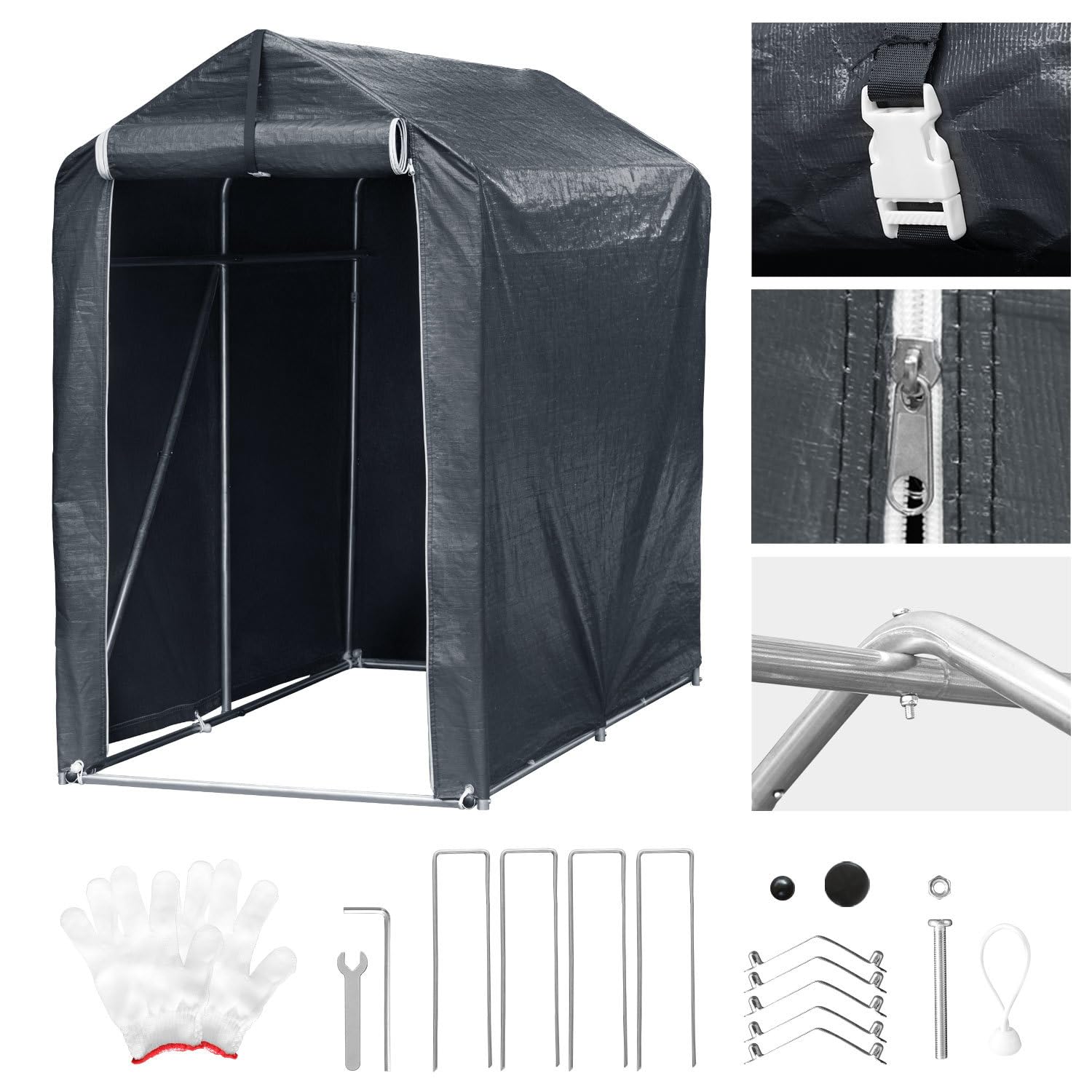 Garage per bicicletta, 187 x 100 x 165 cm, impermeabile, per 2 biciclette, telaio in acciaio zincato, protezione UV, porta con cerniera, grigio