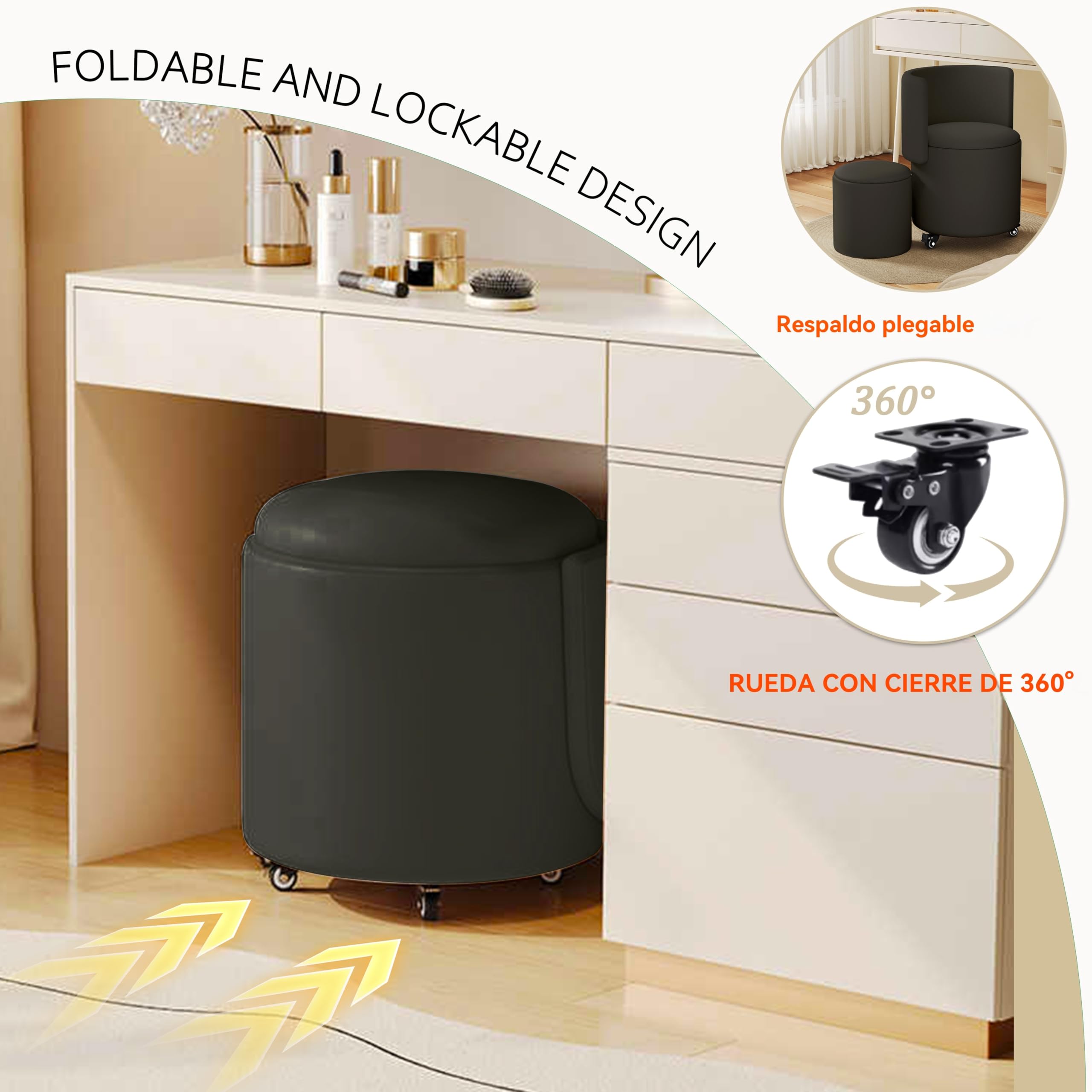 Otomano Redondo de Almacenamiento, Taburete con Almacenamiento Y Reposapiés Plegable para Sala de Maquillaje, Sala de Estar, Dormitorio