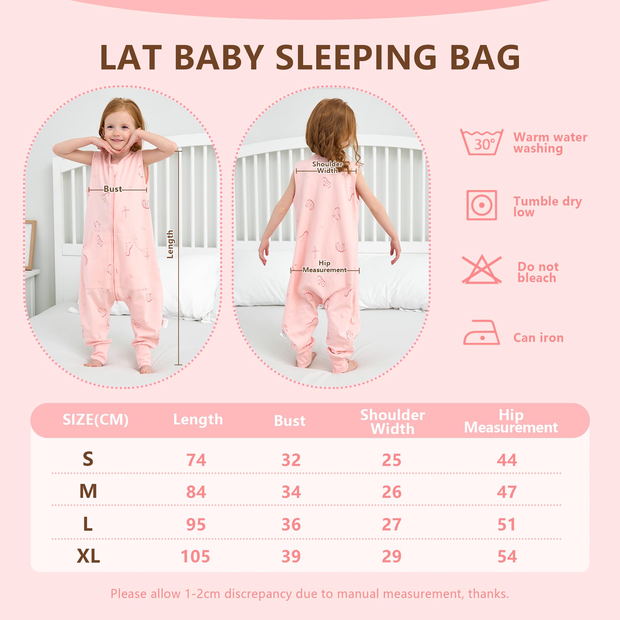 LAT Toddler Sleep Sack with Fee 0.5 Tog,Unisex Cotton Baby Sleeping Bag with Legs,All Season Sleeveless Sleep Sack with Pockets For Girls & Boys,100% Cotton,2-Way Zipper(Pink Dinosaur,1-2Years) - Image 3