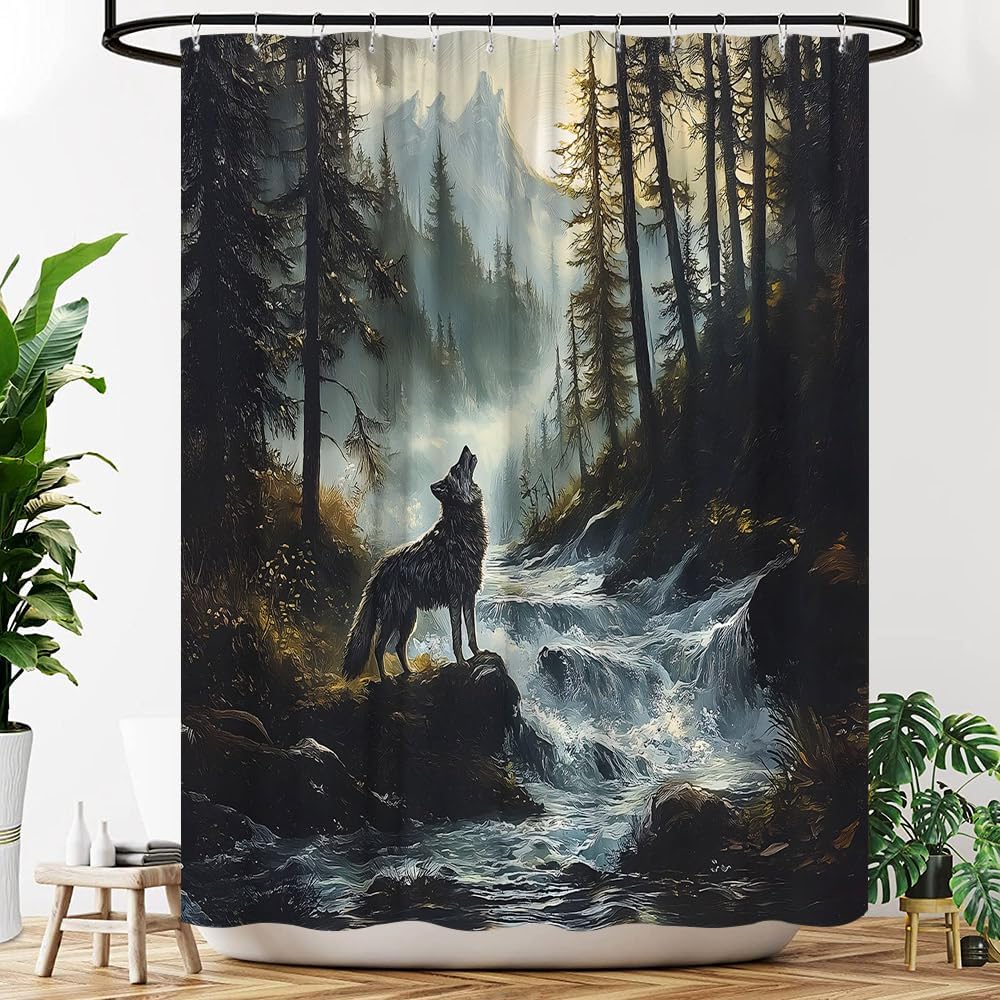 Wolf Shower Curtain Forest Howling Animal Wildlife Rustic Cabin Camping Lodge Hunting Mountain Nature Oil Painting Landscape Fabric Bathroom Decor Curtains with Hooks, 70" Wx84 H