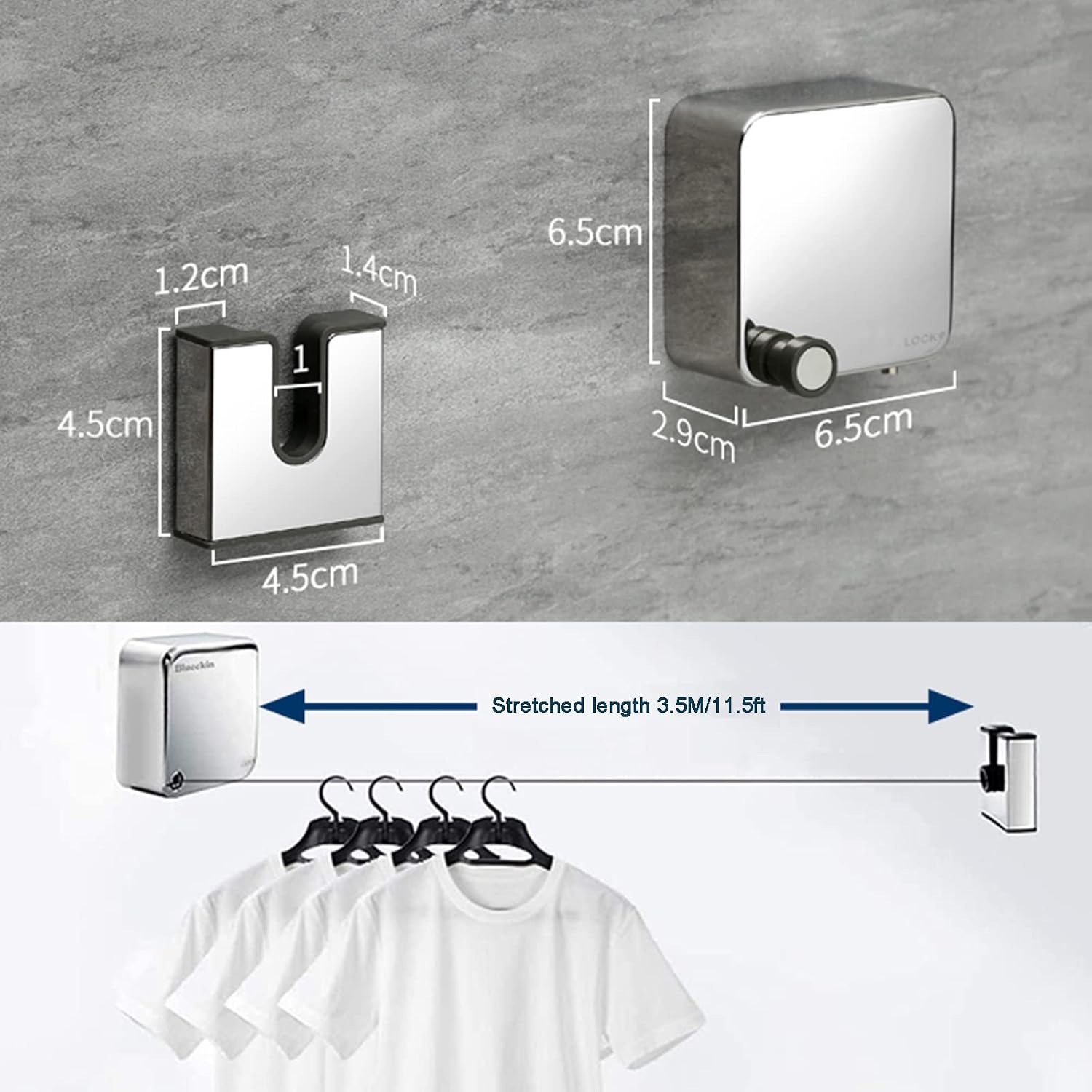 Retractable Clothesline,Reel Washing Line,Portable Laundry Rope,Adjustable Clothes Drying Line,Wall Mounted,Total Length of 3.5 M Stainless Steel Rope,Silver