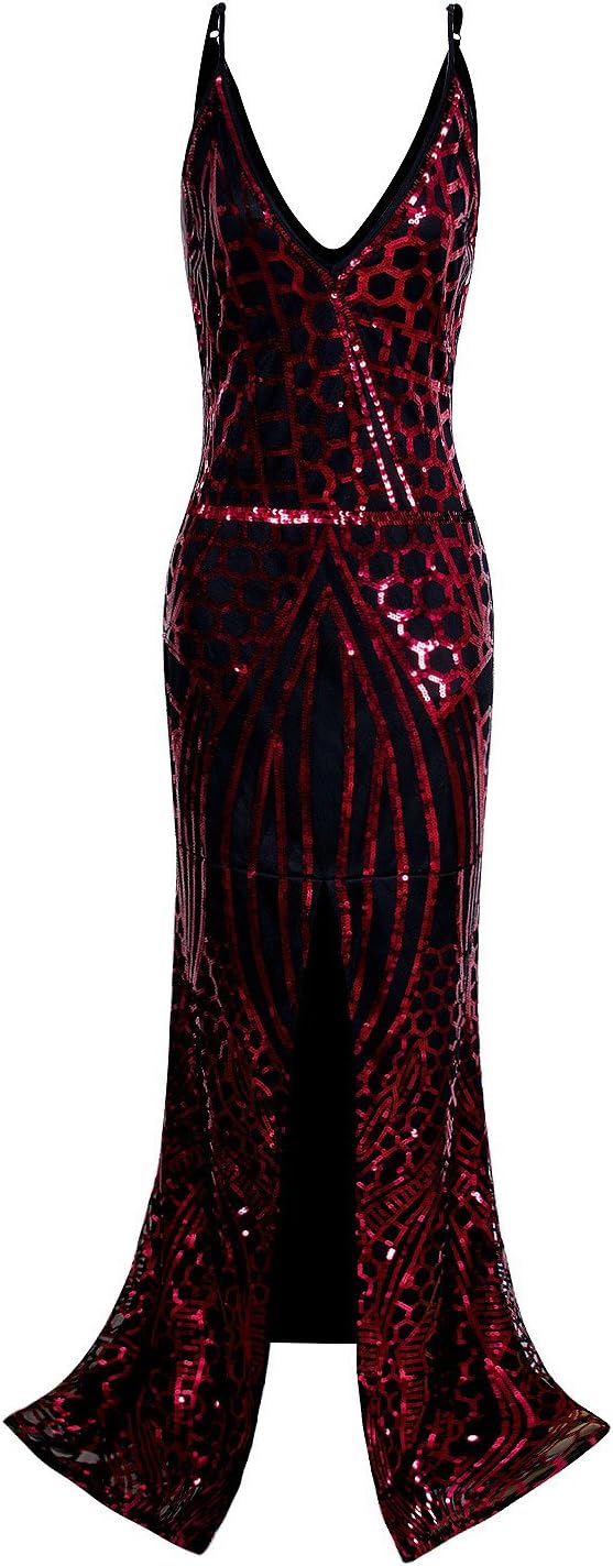 Vijiv 1920s Long Slit Prom Dresses Deep V Neck Sequin Mermaid Bridesmaid Evening Dress - Image 3