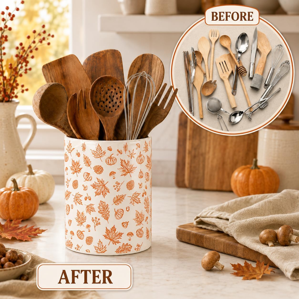 Fall Pumpkin Utensil Holder, Fall Leaves Ceramic Kitchen Utensil Holder, 6"