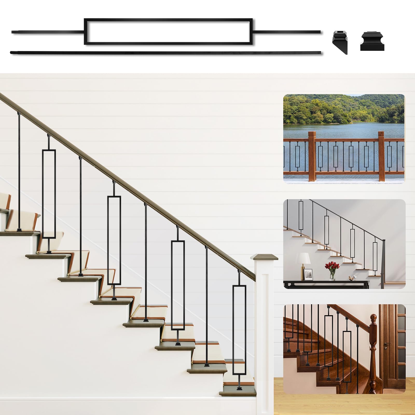 Balaustre per ponte, confezione da 16 balaustre in ferro battuto, mandrini in metallo per ringhiere da 1,27 cm, balaustre per scale con 32 scarpe a balaustra in ferro (8 dritte + 8