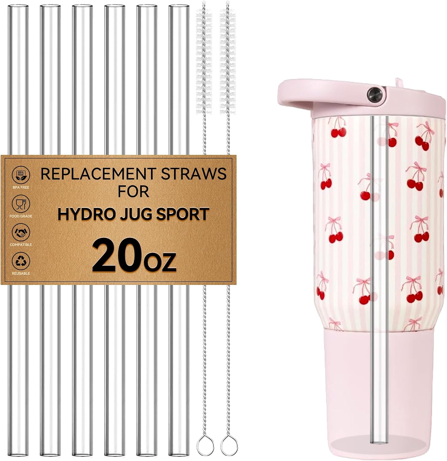 Straws for HydroJug Sport 20 oz Tumbler, Clear Tritan Reusable Straw