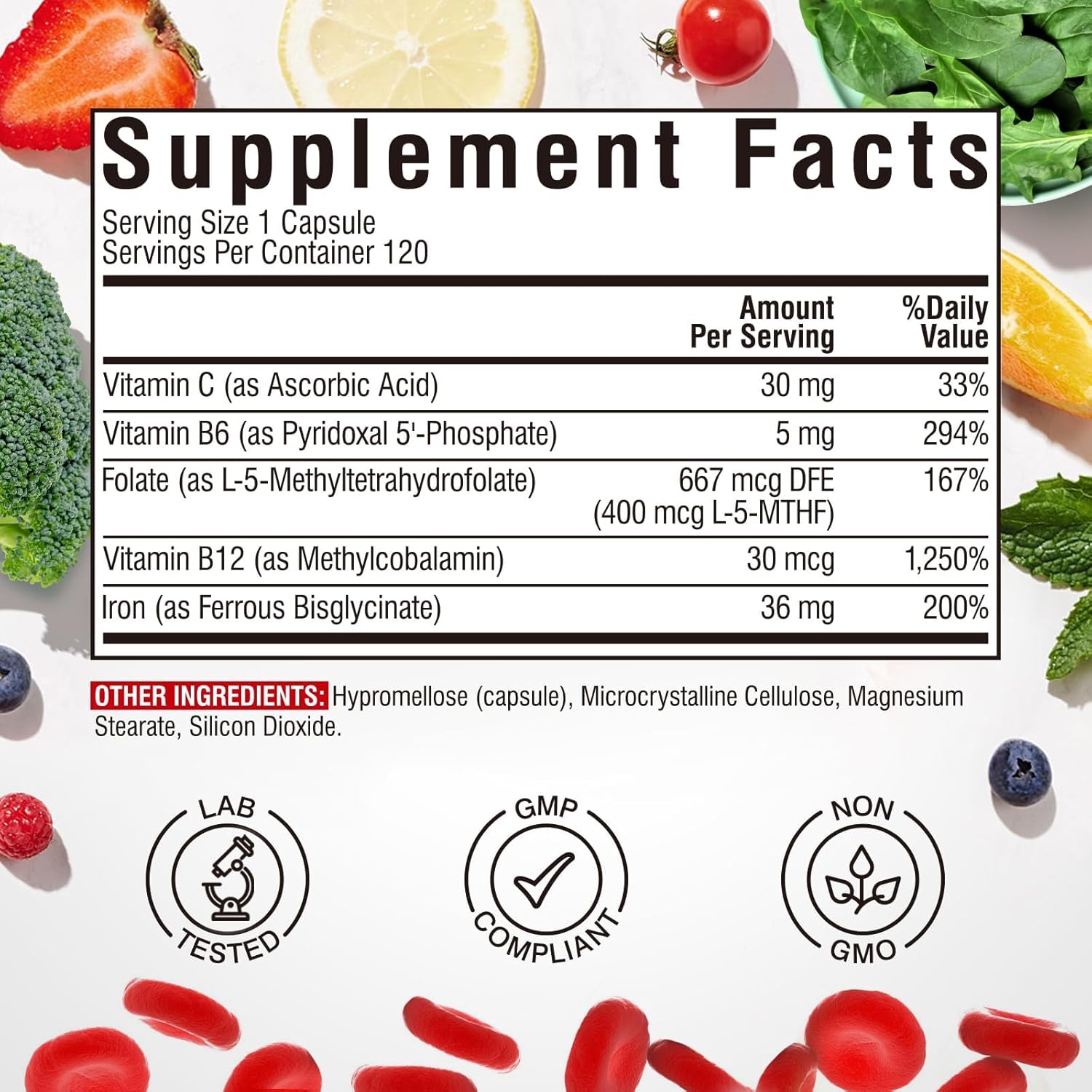 Iron Supplement for Women & Men, with Vitamins C, B6, B12 & Folate for Iron Deficiency, Blood Building & Energy Support, Stomach Friendly, Better Absorption, Non-GMO,No Gluten,120 Vegan Caps