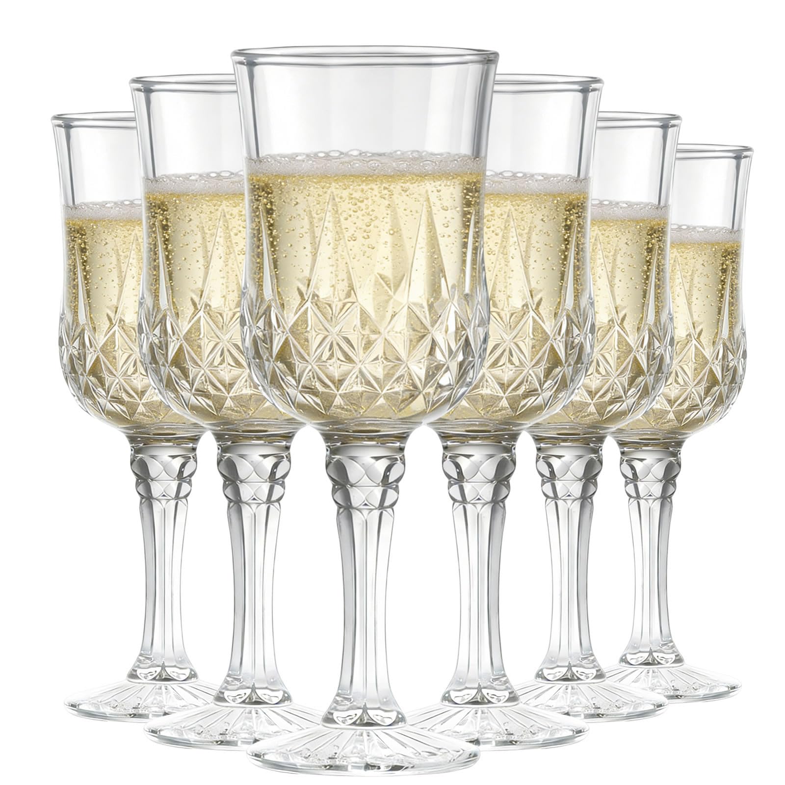 Gviix Set of 6 215ml Champagne Glasses, Vintage Wine Glasses Reusable Clear Wine Glasses for Wedding,Garden Party, Birthday, Christmas, Picnic