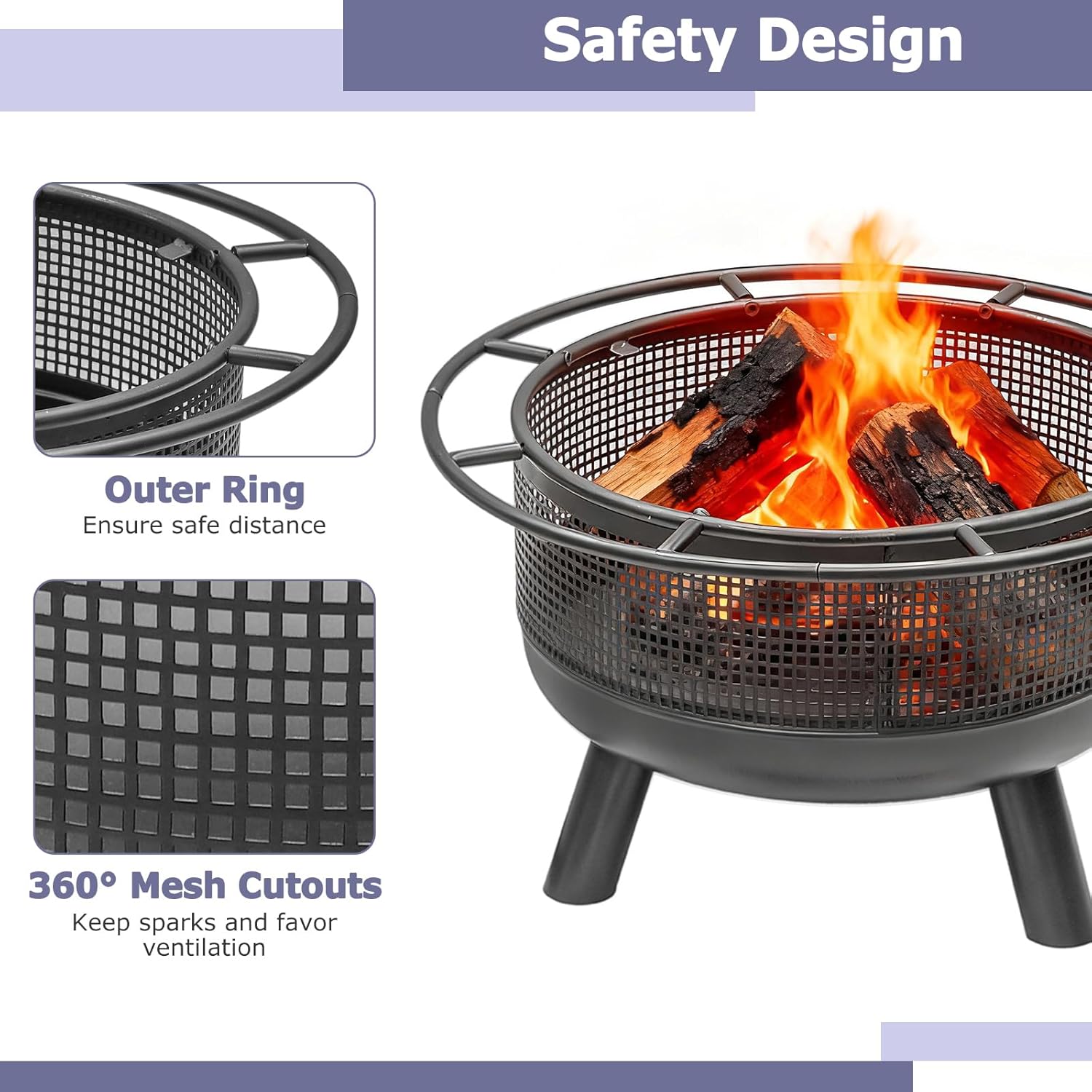 Tangkula Fire Pit for Outside Wood Burning, 24 Inch Heavy-Duty Metal Fire Bowl with Spark Screen, Poker, Log Grate, Portable Outdoor Round Fire Pit for Camping Bonfire Patio Backyard Garden