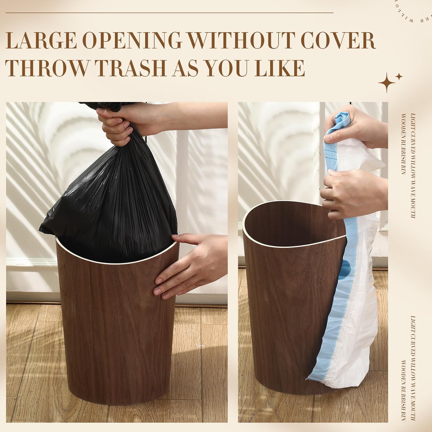 2 Pack 2.3 Gallons Wood Trash Can Wastebasket Natural Wood Round Wastebasket Small Trash Bin for Home, Office Under Desk, Kitchen, Bedroom, Den, Hotel, Room (Dark Wood,Wavy)