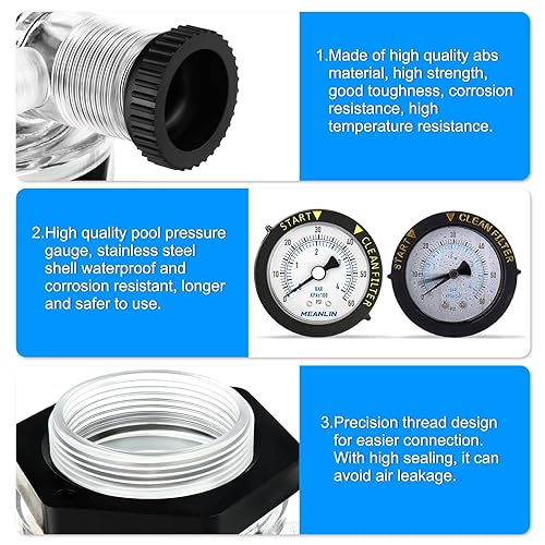 Vista 53 de MEANLIN MEASURE Marco de plástico de 0 ~ 60 psi, medidor de presión de arranque NPT y filtro limpio, adecuado para piscina, spa, acuario, montaje