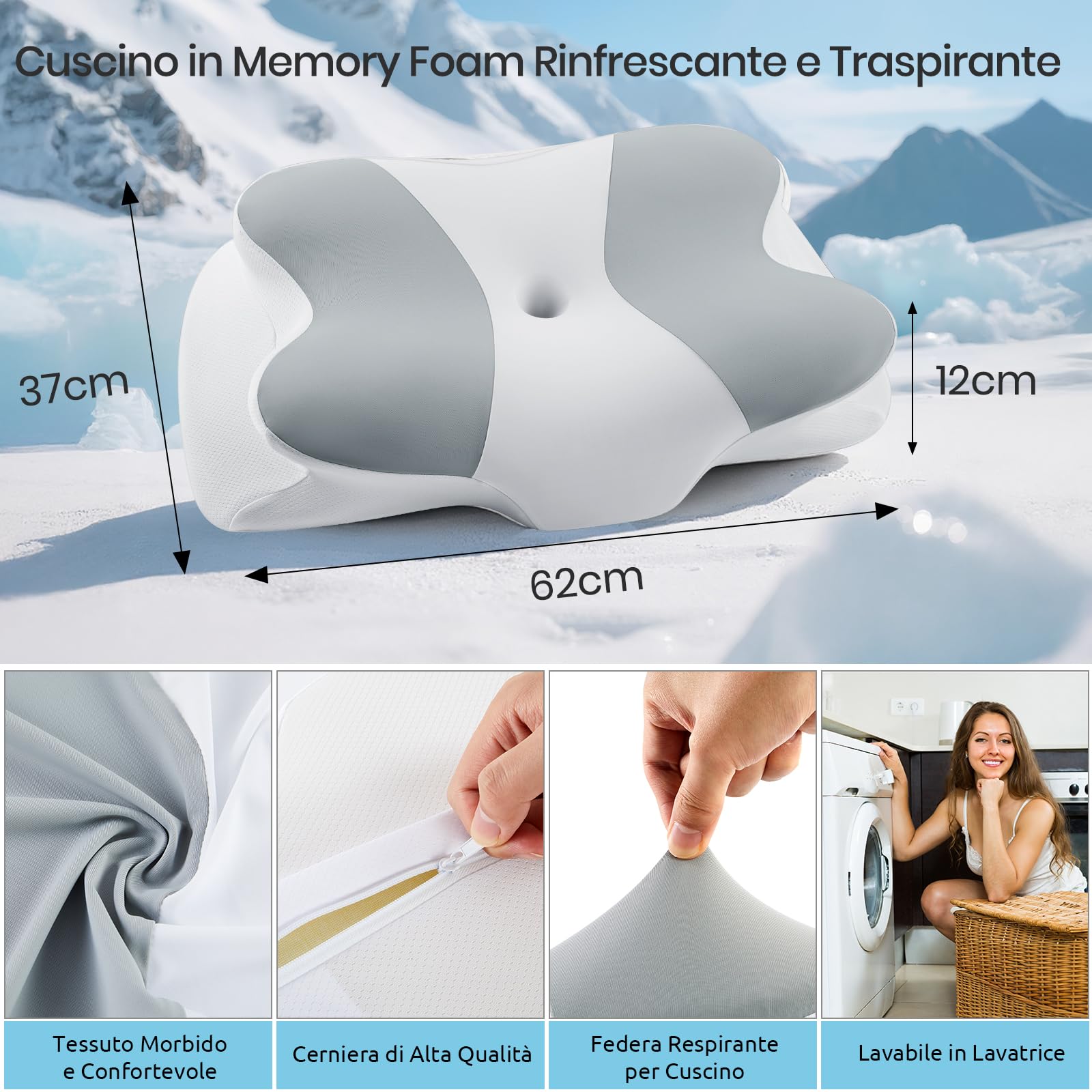 DONAMA Cuscino Cervicale in Memory Foam, Cuscino Ergonomico per Dormire su Fianco, Schiena e Stomaco, con Federa Sfoderabile e Lavabile (Grigio Chiaro, 62x37x12 cm)