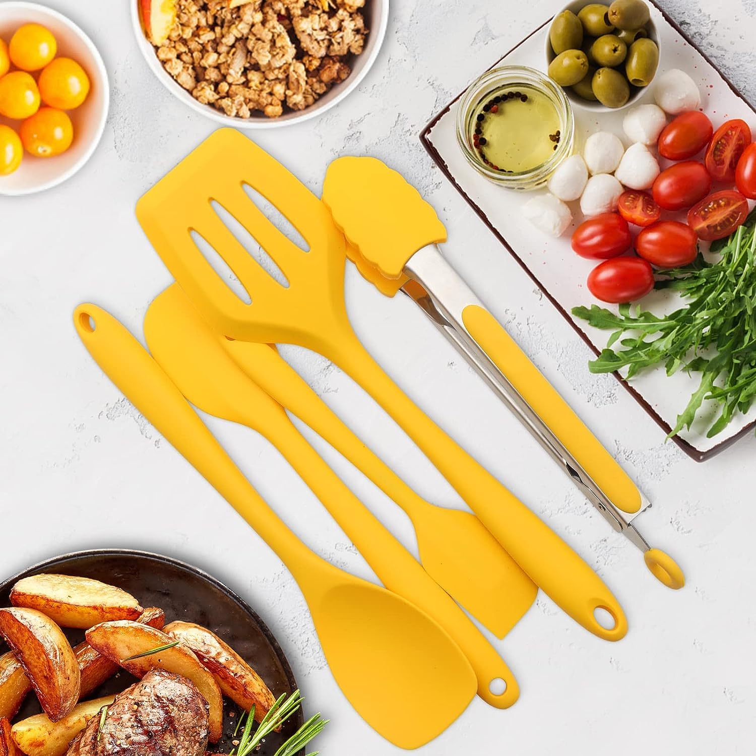 Juego de utensilios de cocina de 11 piezas, juego de utensilios de cocina amarillos, espátula de silicona antiadherente con soporte de hierro, utensilios de cocina de silicona (amarillo)