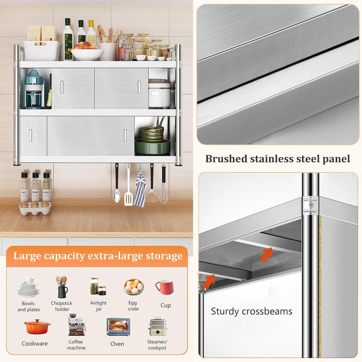 Mobiletto da parete in acciaio inox, organizer da cucina a parete