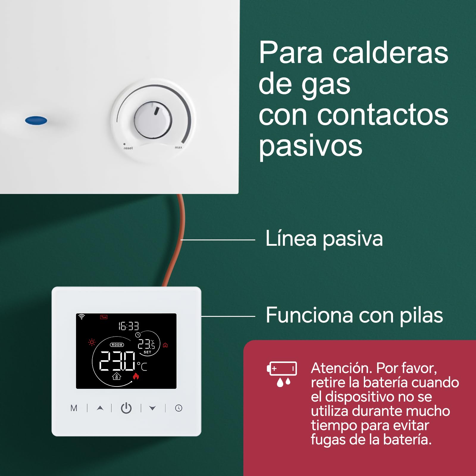 Termostato WiFi a batería calefaccion la Caldera.Termostatos de línea pasivos con Aplicaciones Tuya o Smart. 2 Hilo termostato de Digital programable controlable por Voz.Termostato Pila 3A R9V