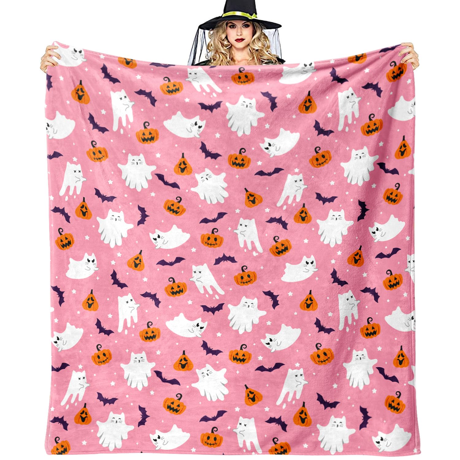 Zorket Girls Halloween Ghost Pink Pink Ghost Blanket For Kids 50"X60", Cute Halloween Cat Throw Blanket, Soft Flannel Fleece Halloween Blankets And Throws Decor Gifts For Kids Women