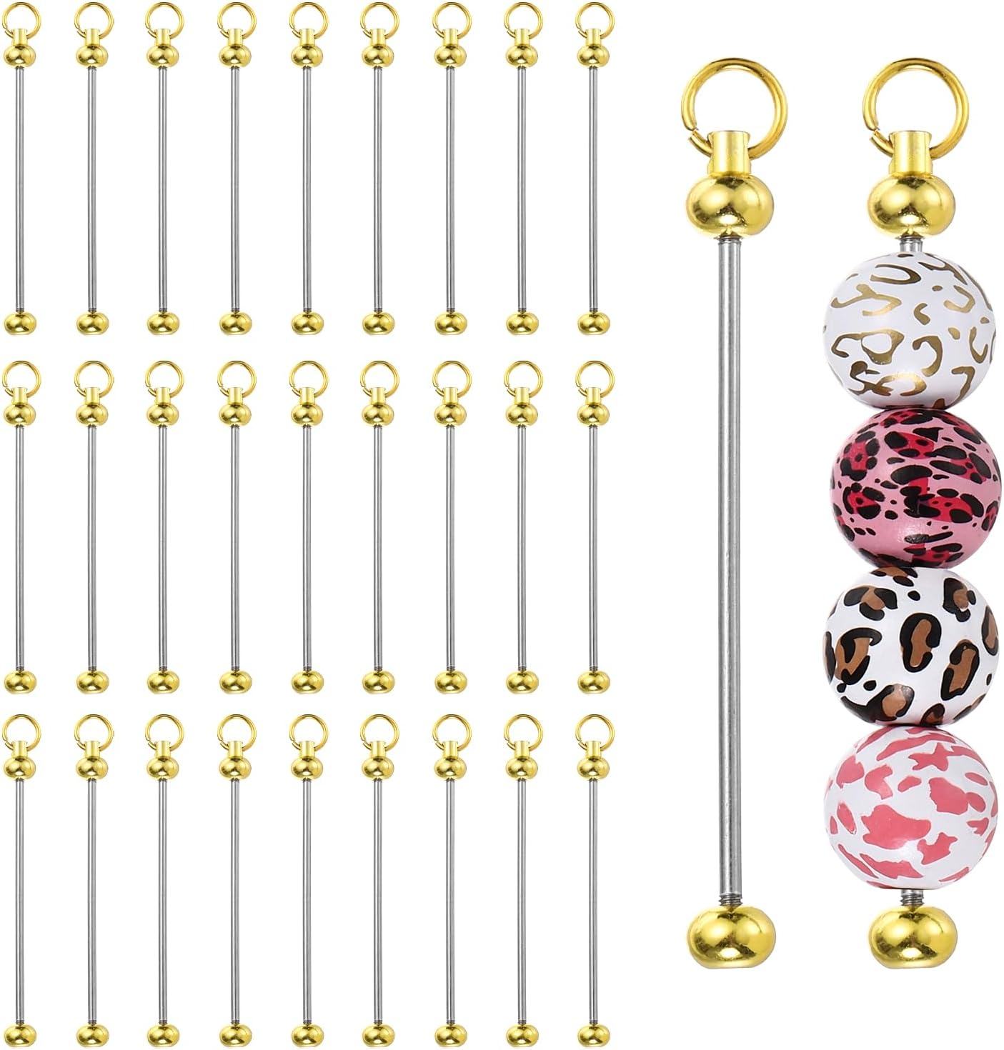 PATIKIL 28pcs Beadable Keychain Bar, Beadable Keychains Blanks Beaded Keychain Bar Bulk Key Chain Rod Making Charm for Beads Jewelry Making DIY Focal Bead Crafts Backpack, Gold