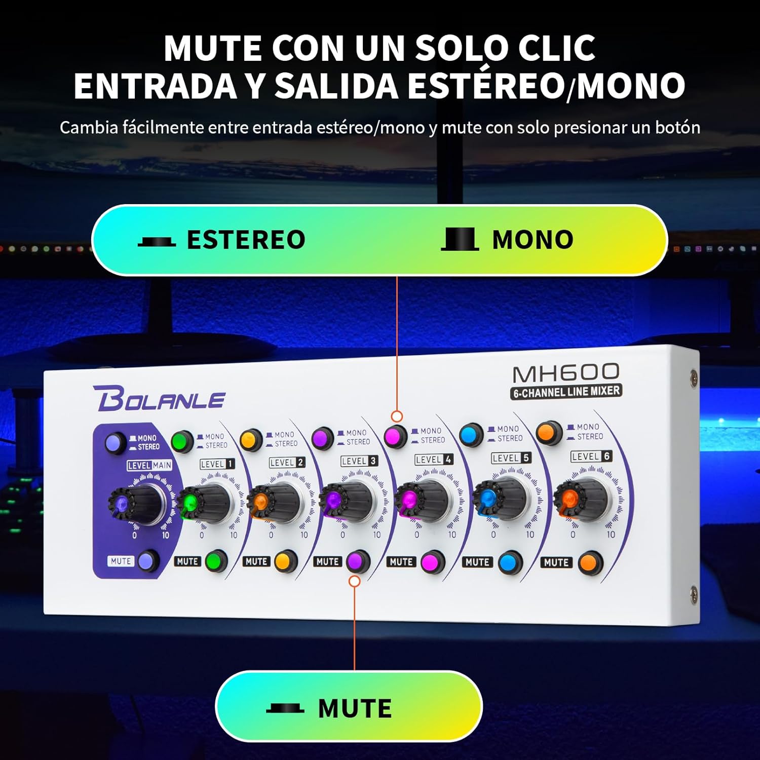 Bolanle MH600 6-Channel Active Line Mixer – Stereo Line Level Mixer with Mono/Stereo Switch, USB-C Powered, Mute Function, 1/4" TRS I/O for Keyboards Synths Drum Machines