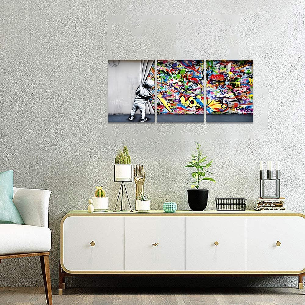 Yatsen Bridge Canvas Wall Art Behind the Curtain Poster Classic Street Art Banksy Graffiti Artwork for Living Room Bedroom Framed Ready to Hang -12x16inchx3Pcs