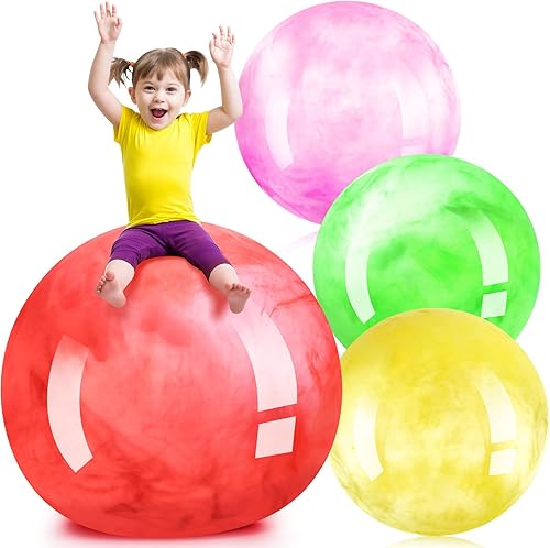 Meooeck 4 Pcs Inflatable Marbleized Big Bouncy Balls Large Rubber Ball Giant Inflatable Ball Inflatable Kickball Giant Beach Balls for Kids and Adult