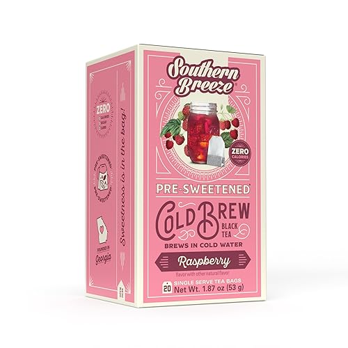 Southern Breeze Cold Brew - Té dulce de frambuesa con té negro y cero carbohidratos, cero azúcar, 20 bolsas de té envueltas individualmente, bebida