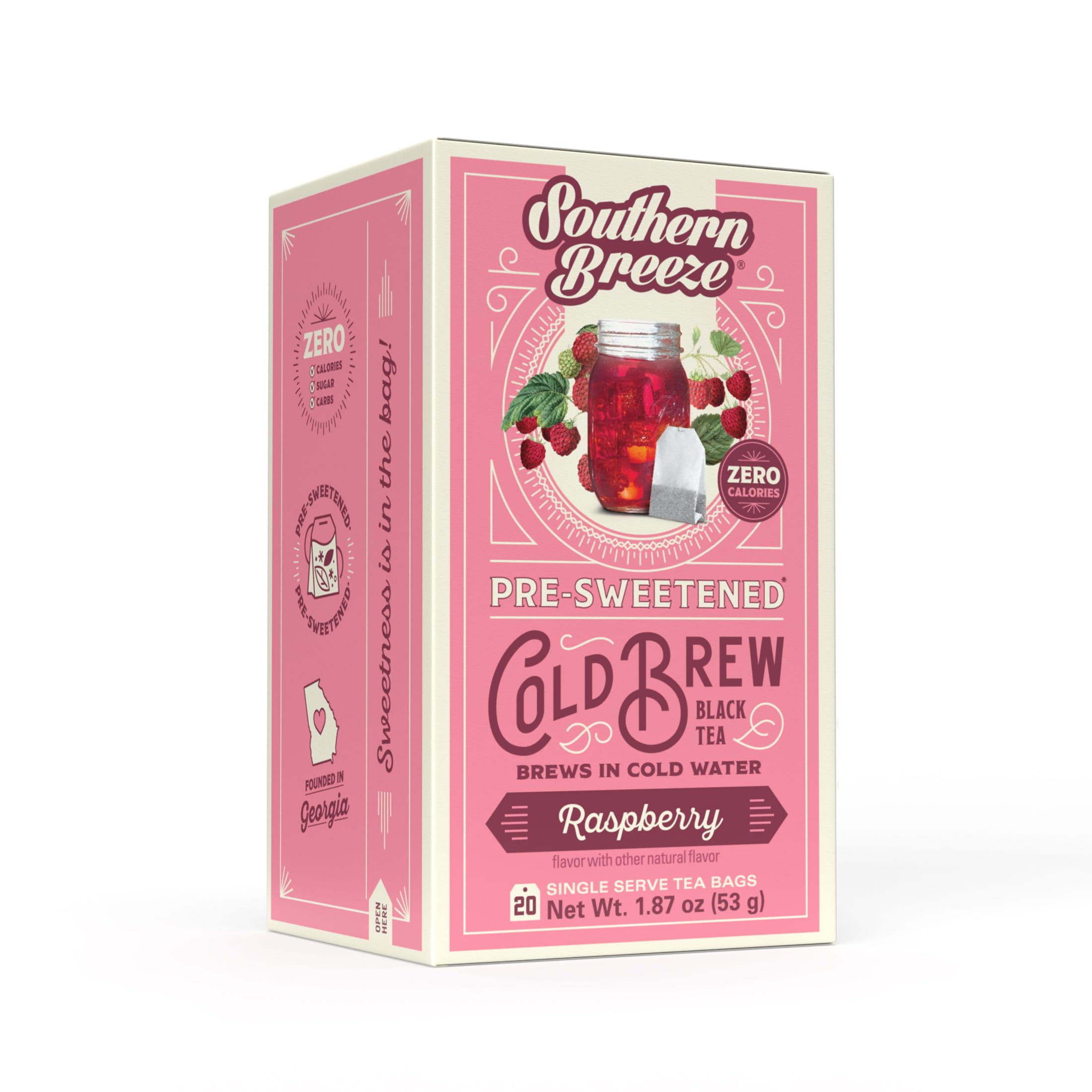Cold Brew Sweet Tea Raspberry Iced Tea with Black Tea and Zero Carbs Zero Sugar, 20 Individually Wrapped Tea Bags Southern Sweet Tea Iced Tea Beverage