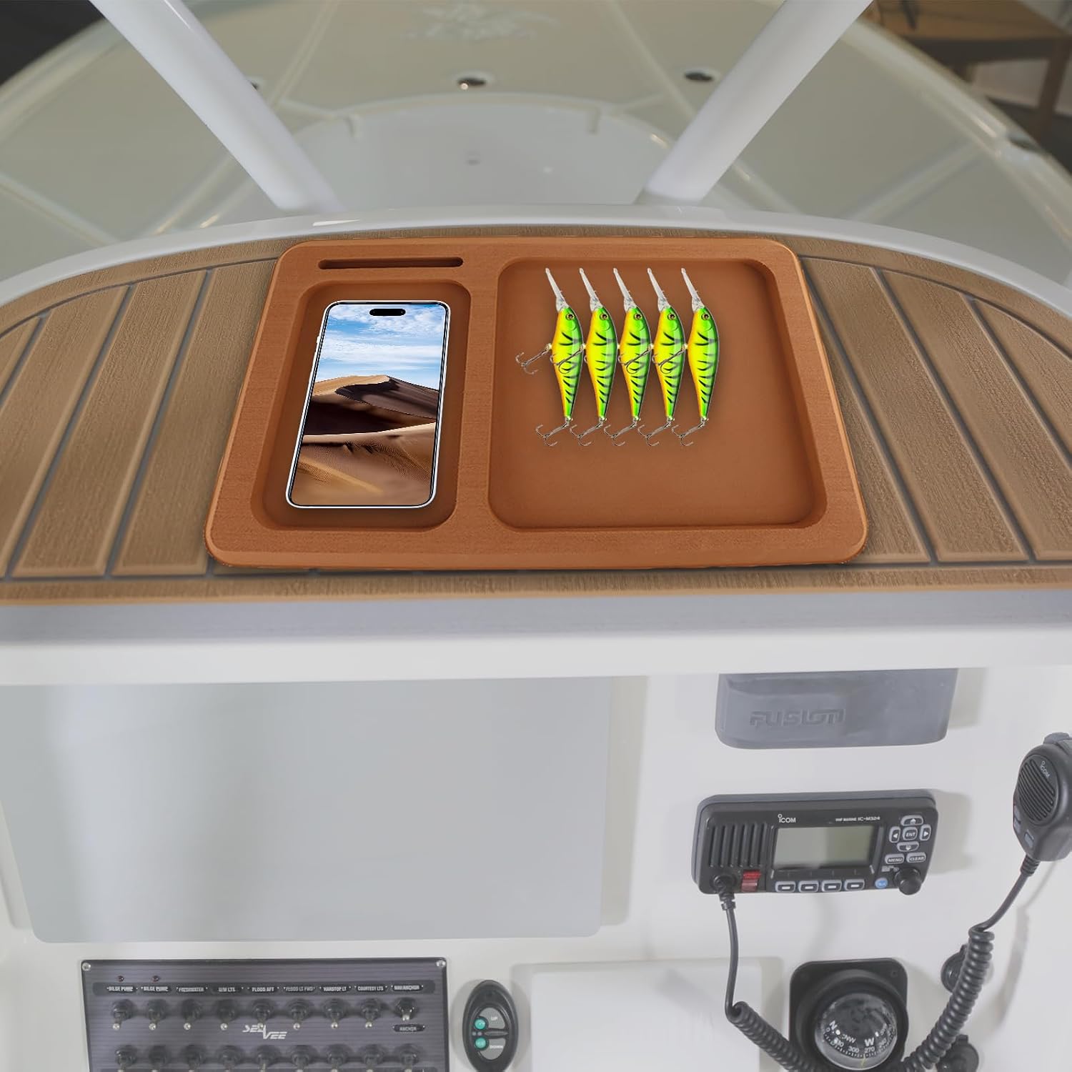 Boat Dash Pad with 2 Compartments, Cell Phone Dashboard Organizer for Fishing, Boating, Sea Deck Tools with Adhesive Back, 1 Pc