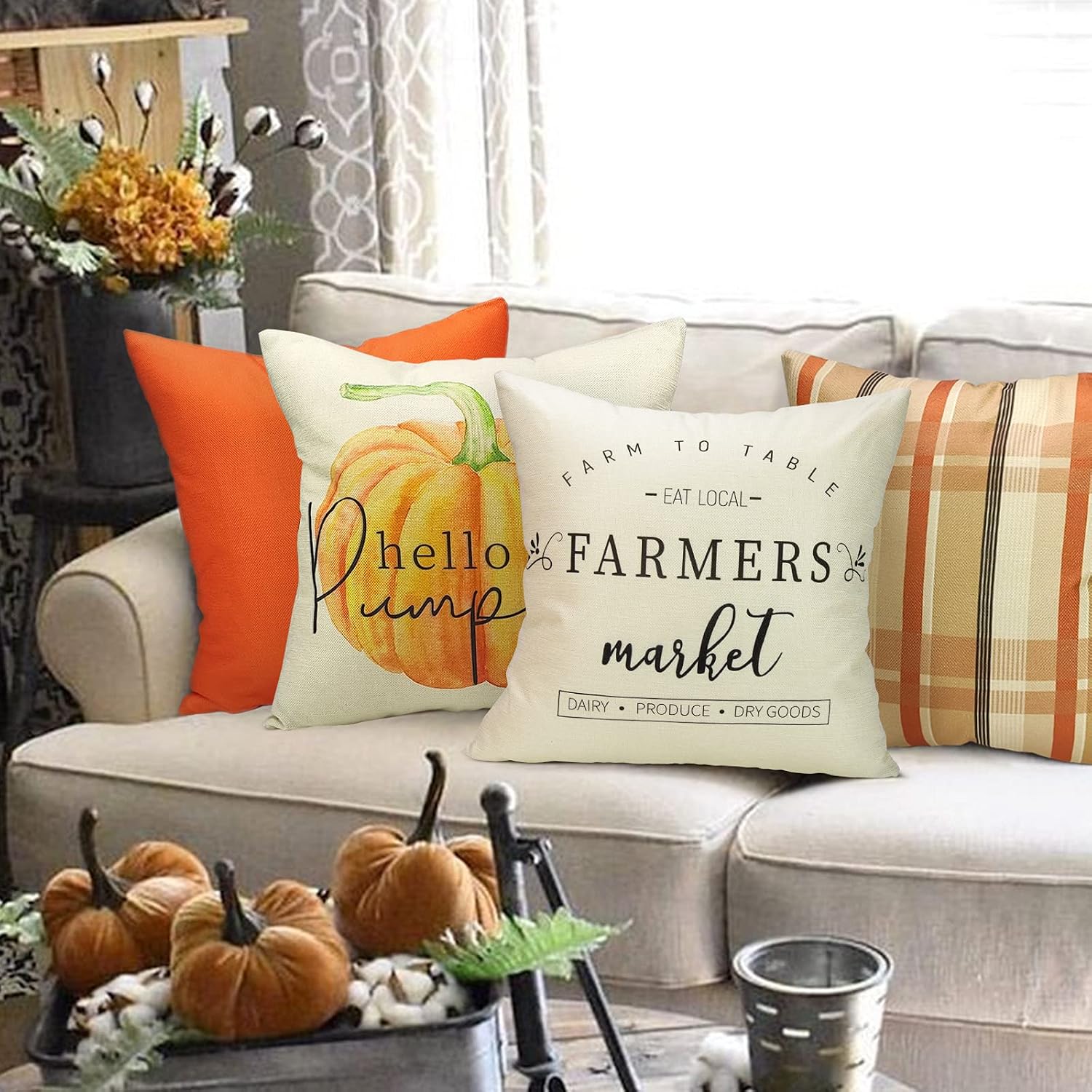 Fall Decor - Fall Pillow Covers - Fall Decorations for Home - 18x18 Set of 4 for Autumn Halloween Thanksgiving Harvest - Farmhouse Pumpkin Throw Pillows Decorative Cushion Cases