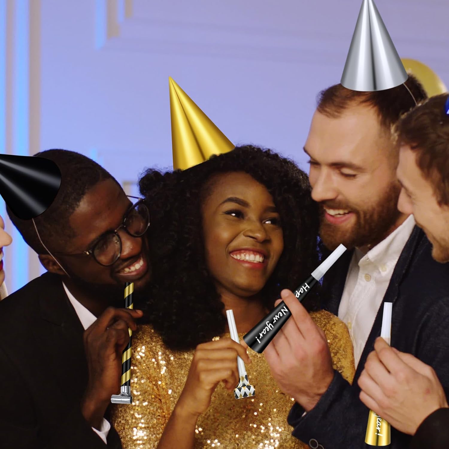 Lenwen 200 Pcs New Years Eve Noisemakers Favor 2026 Happy New Year Gold Silver Blower Horns Whistles Party for Birthday Celebration Sporting Events (Black,Silver,Gold)