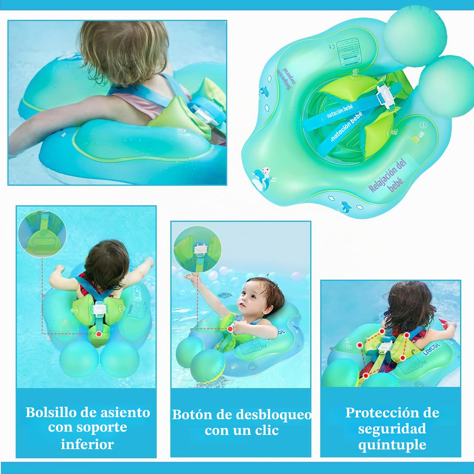 COSORO Flotador Bebe con Asiento,Asiento Seguridad y Respaldo de 3 a 24 Meses,Flotador Inflable para Bebé,Piscina para Bebés,Anillo Natación de Entrenamiento Bebés 2 a 6 Años