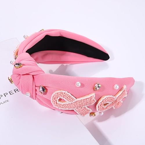 Miniatura 9 de boderier Diadema rosa con lazo de cristal perlado anudado para cáncer de mama, accesorios para el cabello (cinta rosa esperanza)