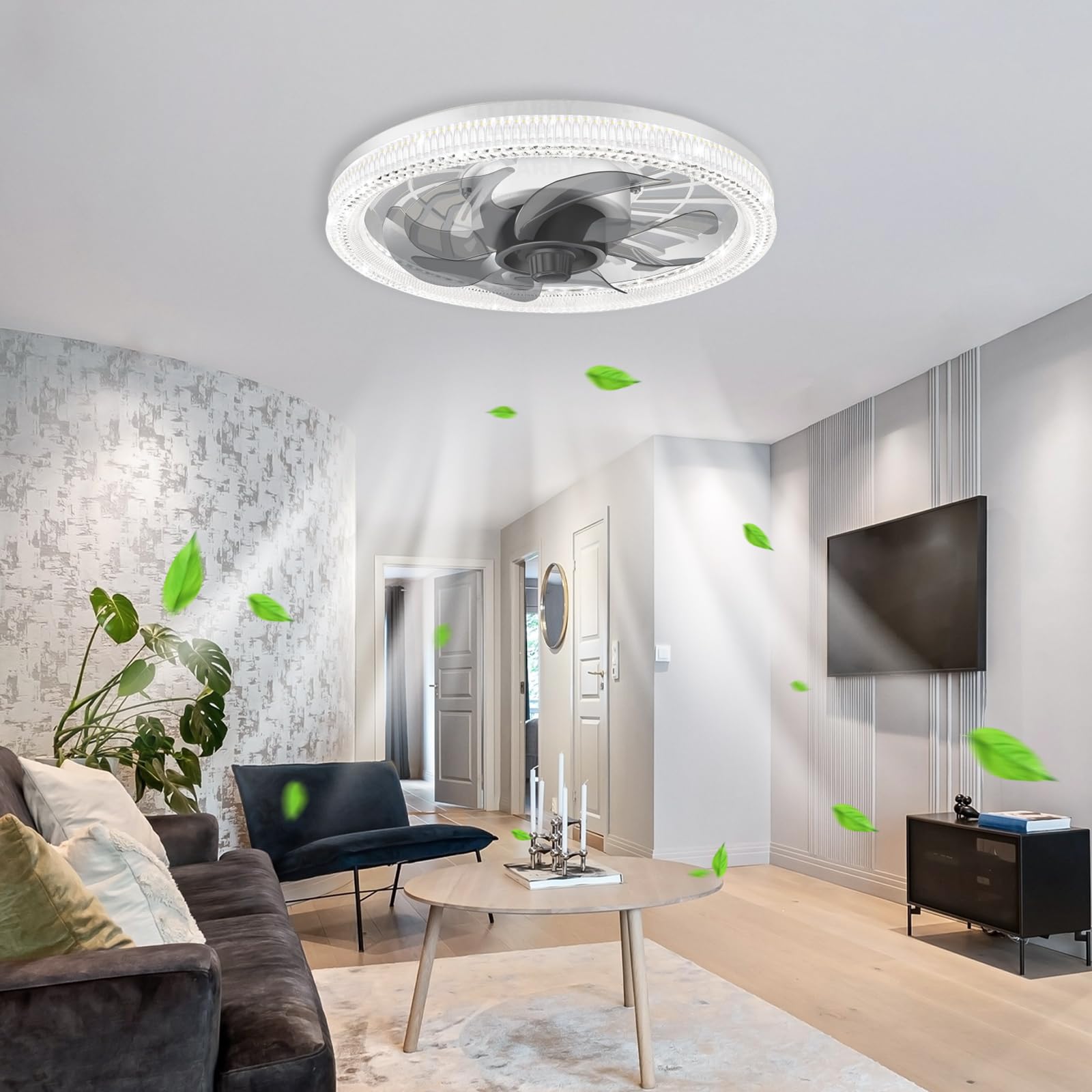 HXYSXHJUO E27 Ceiling Fans with Lights for Bedroom,Modern Lamps Remote Control White,Round Fan Light Dimmable Silent,Crystal Lampshade 4 Speeds Lounge,Kitchen