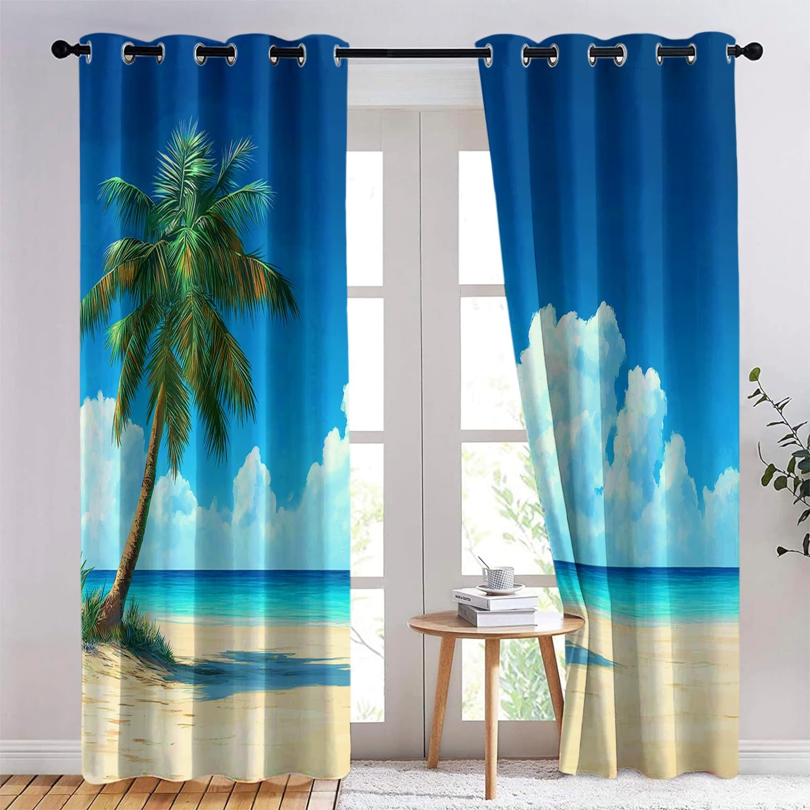 Générique Rideau Occultant Plage Palmiers Ciel Nuages, Rideaux Isolant Thermiques et Phonique - Draperies Oeillets Anti Froid Jaune pour Salon Chambre Fenêtre Décoration 110L x 215H cm 2 Panneaux