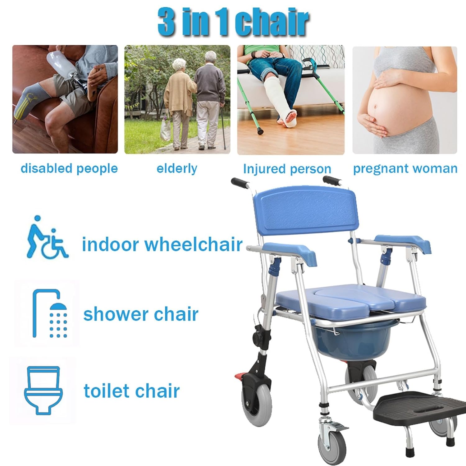 Commode Shower Chair with Wheels, 3-in-1 Folding Bedside Commode Chair for Toilet with Soft Cushion and Bed Pan, Shower Chair for Elderly and Disabled, Load Capacity: 330 lbs