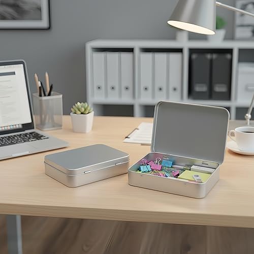 Miniatura 21 de Paquete de 12 latas rectangulares vacías de almacenamiento de metal con tapas transparentes con bisagras para ventanas para objetos pequeños y otros