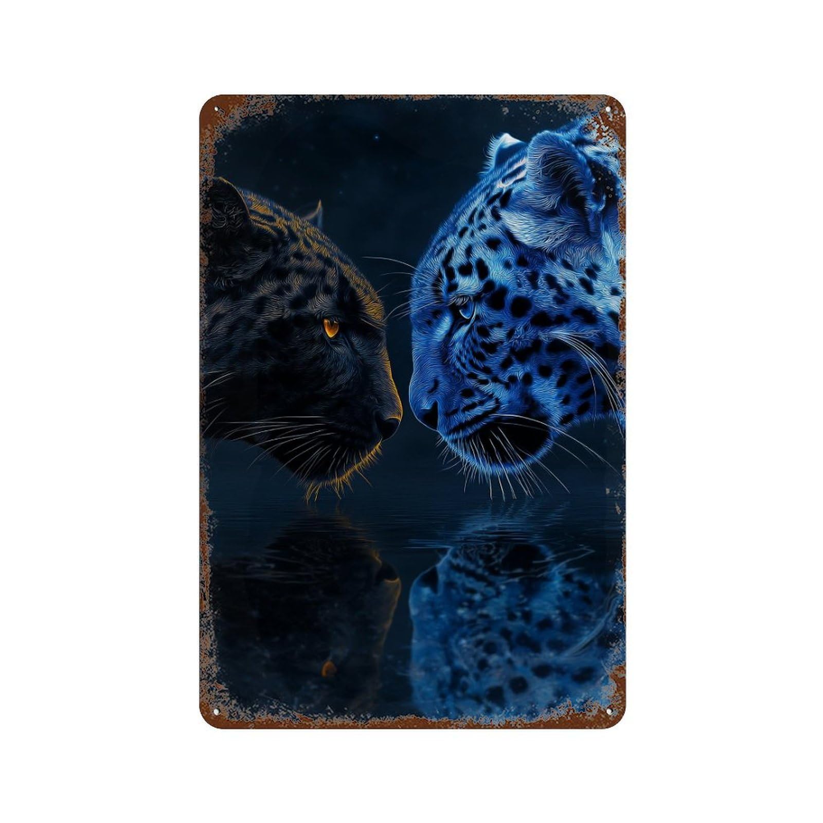 Leopard Reflections Blue Vs Black 11.8"x7.9" Rust Effect Tin Sign, Old School Wall Decor for Pub, Kitchen And Man Cave Decor