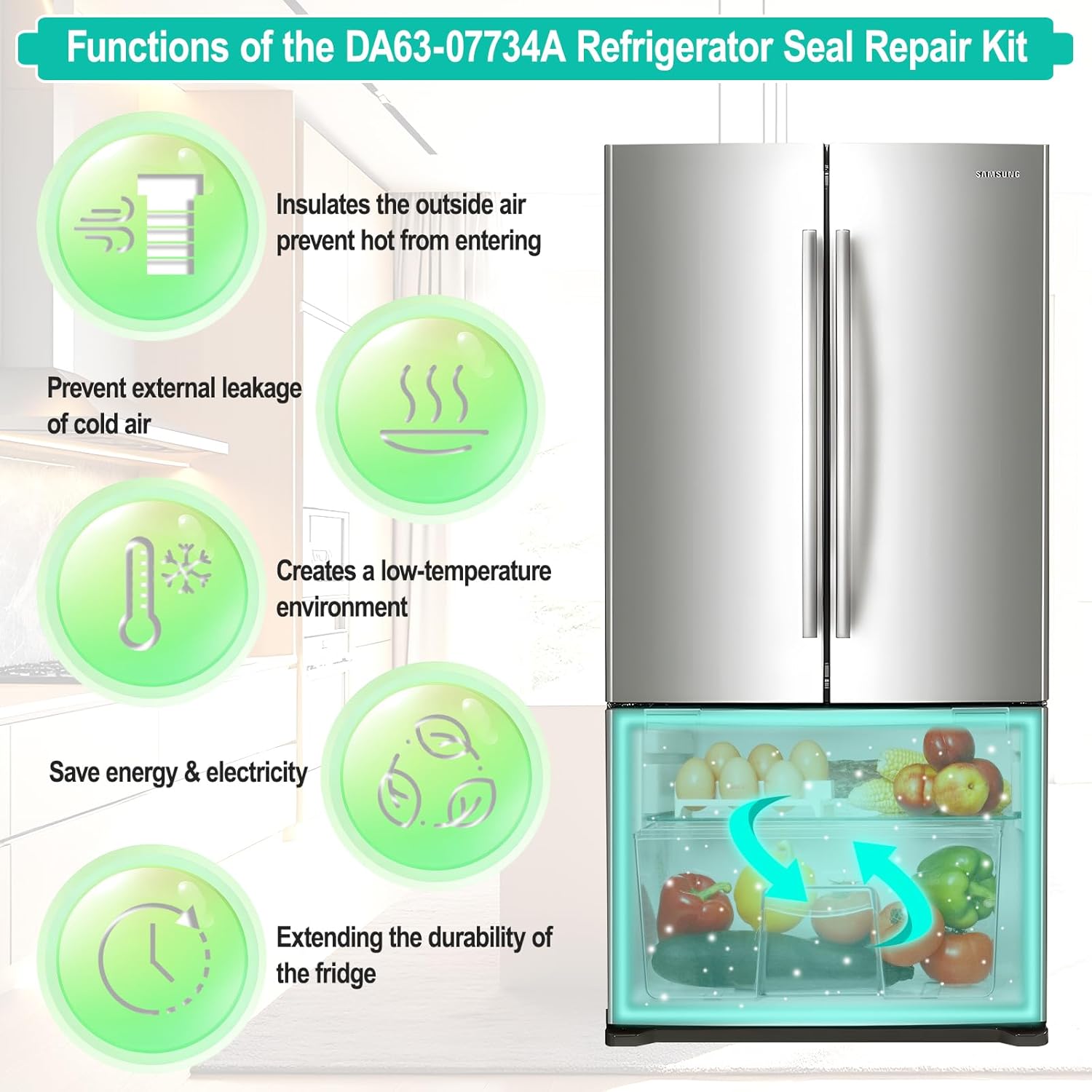 Upgeaded DA63-07734A Freezer Door Gasket Replacement for Samsung Refrigerator Freezer Door Seal, 25.19"x30.9" Refrigerator Seal Replace Part DA97-07722B, 3282668, AP5914681