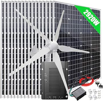 2920W Solar Wind Power Kit 48V Hybrid System Battery Charging Kit : 1000W Wind Turbine Generator + 16x 120W Monocrystalline Solar Panel + 40A MPPT Charge Controller + Cables + Brackets