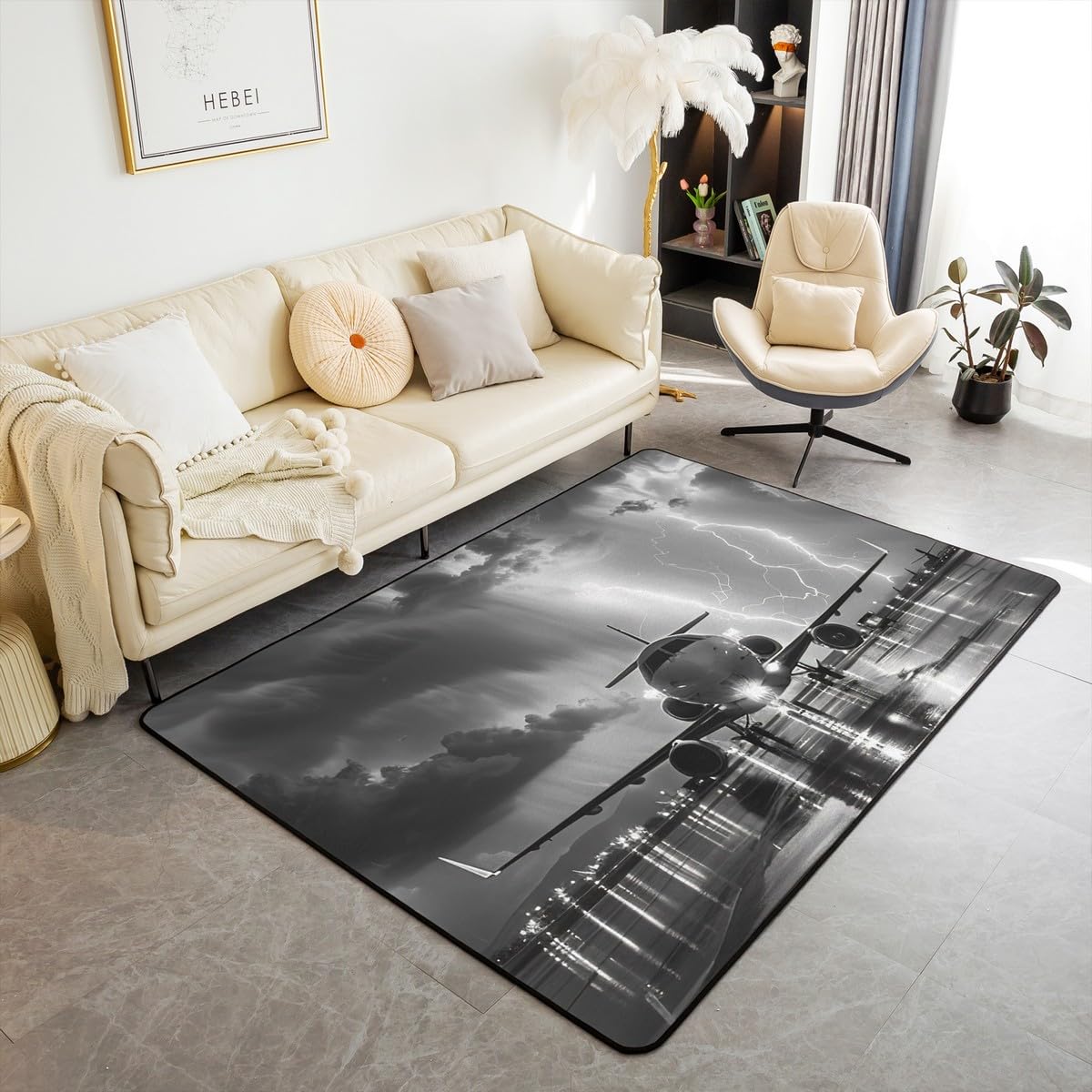 Tapis impression 3D aviation gris 0,9x1,5m antidérapant pour chambre et salle de jeux