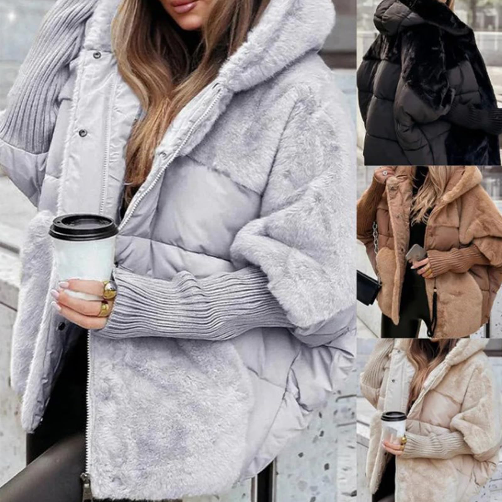 Generisch Oversized Damen-Steppjacke mit Kapuze, Patchwork-Design, wattiert, leicht und warm, Winterbekleidung Teddy Jacke Damen