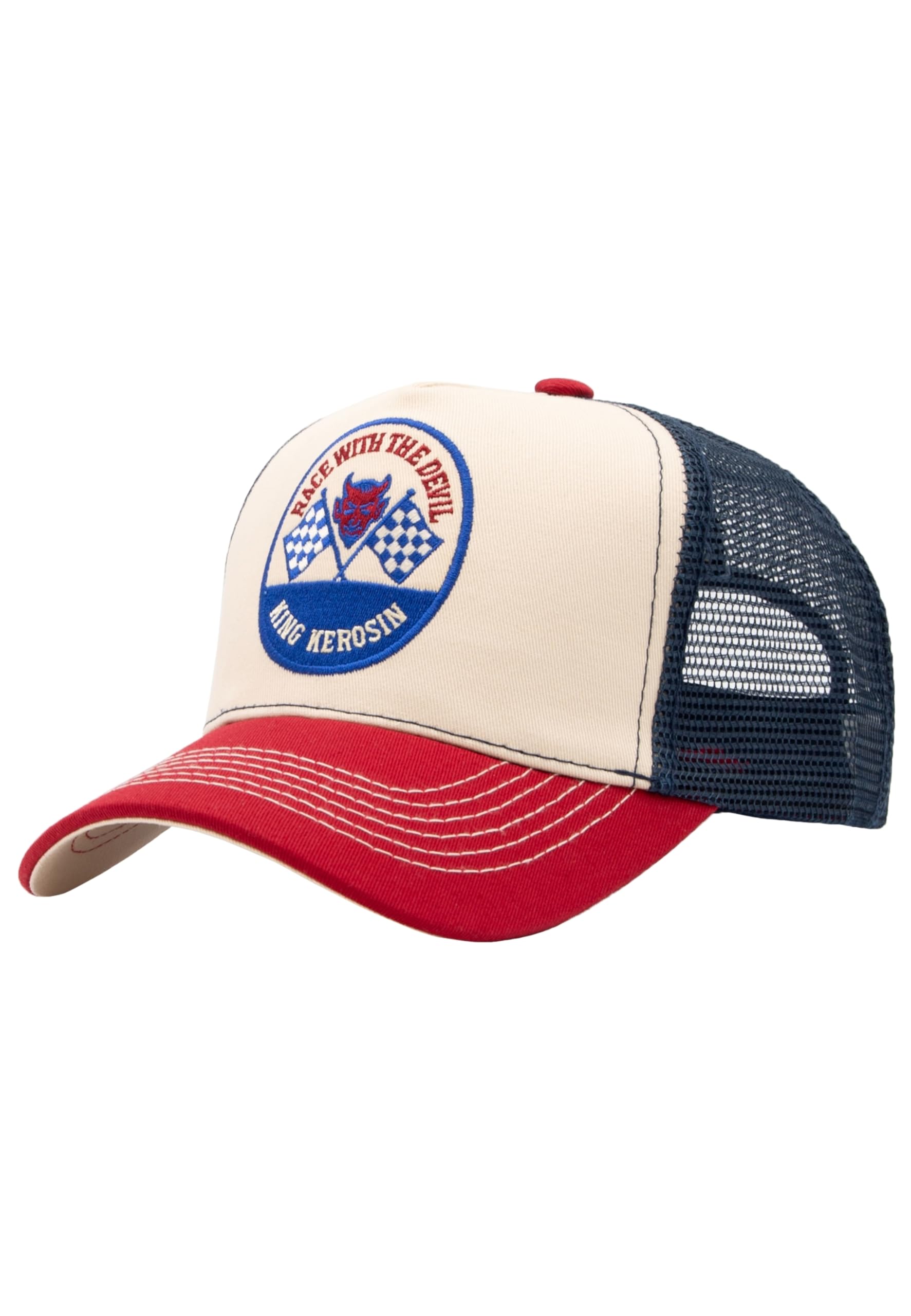 King Kerosin Men's Trucker Cap · Cap · Racing · Motorsport · Cap · Racing Cap · Block Colours · Mesh · Snapback · Vintage · Retro · Devil · Race · Race · Flag · Embroidery · Race with The Devil