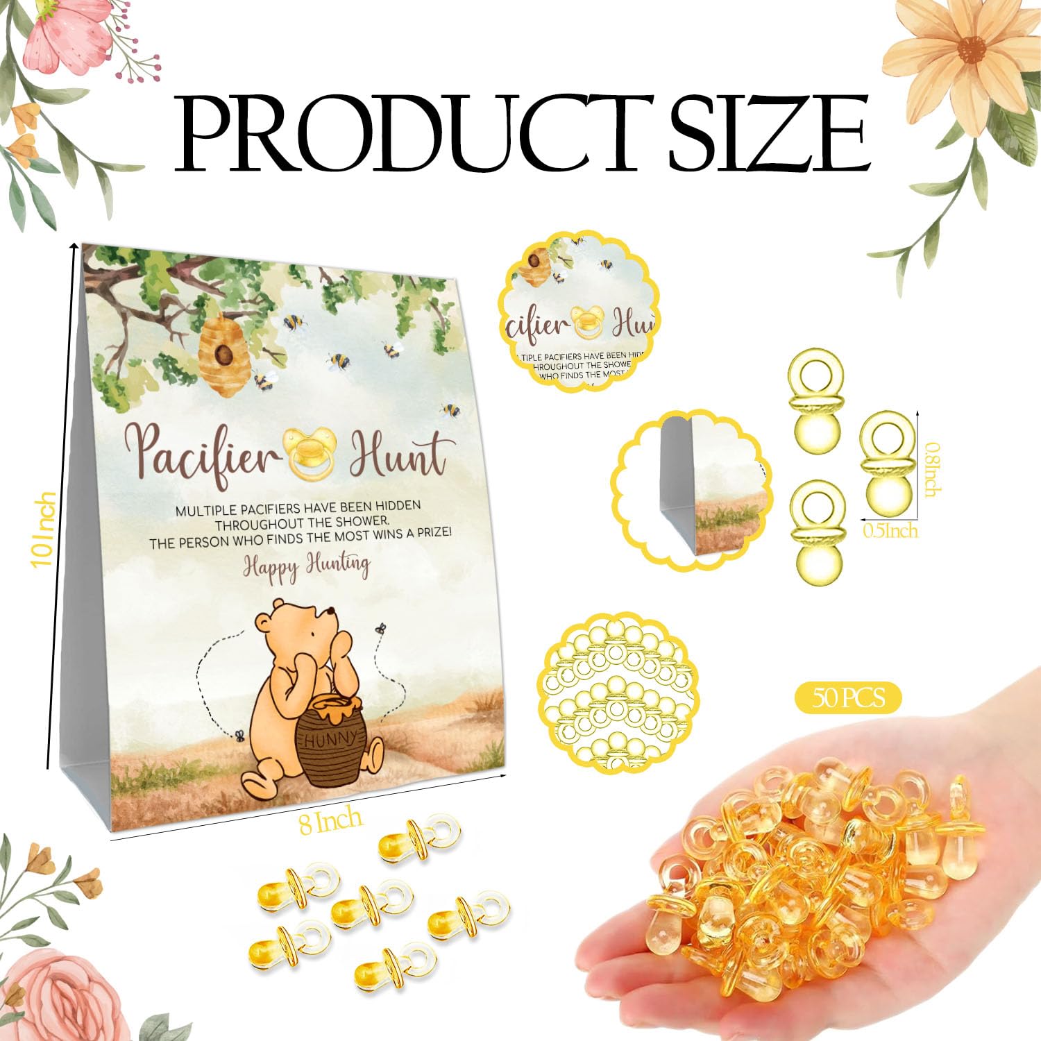 Guawubiang Winnie Mini Pacifiers Baby Shower Game, Pacifiers Hunt Sign, Classic Pooh Baby Shower Game Set, 50Pcs Yellow Mini Pacifiers Decor for Baby Shower, Baby Shower Game Supplies