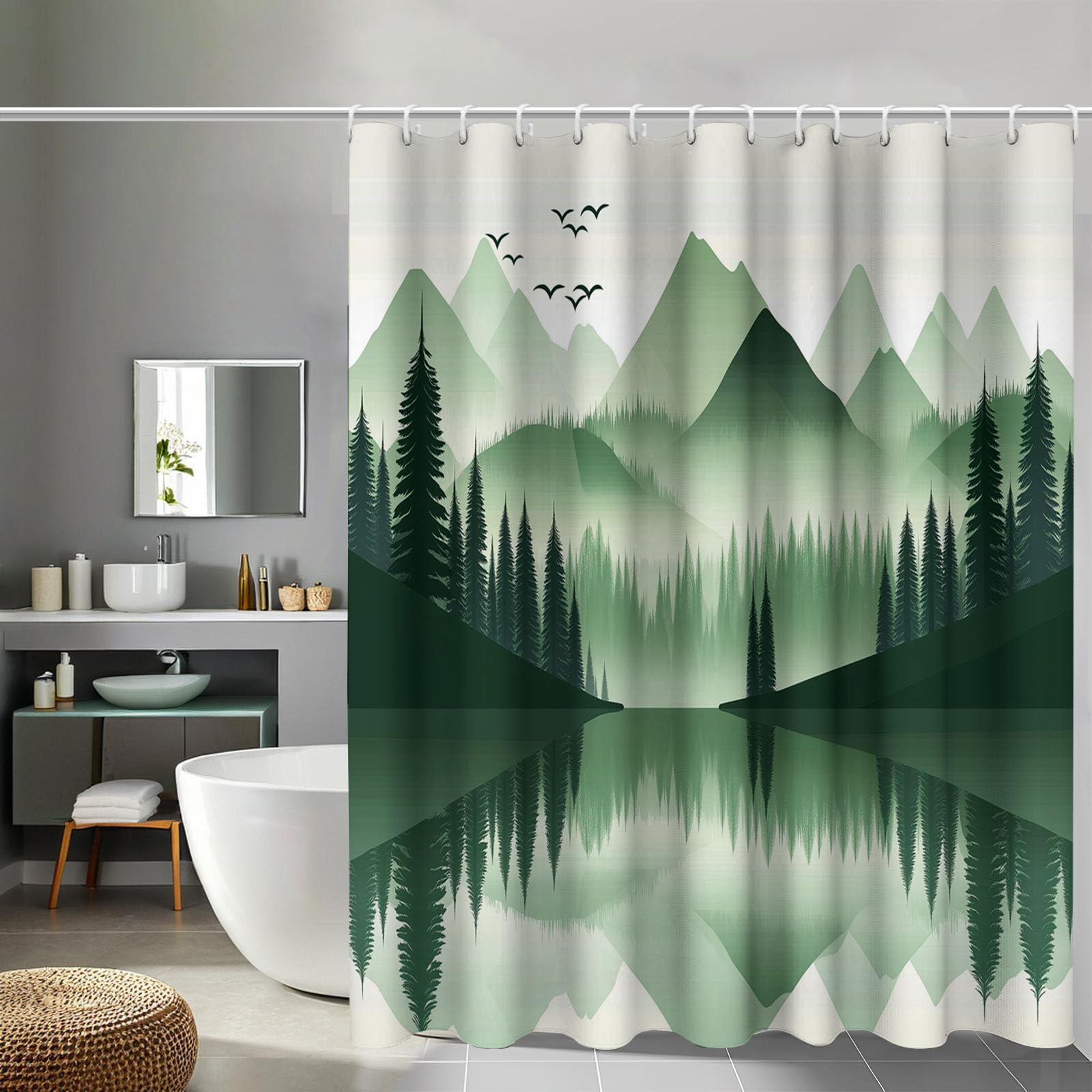 Rideau douche pins montagnes pour créer une ambiance de nature dans votre salle de bain