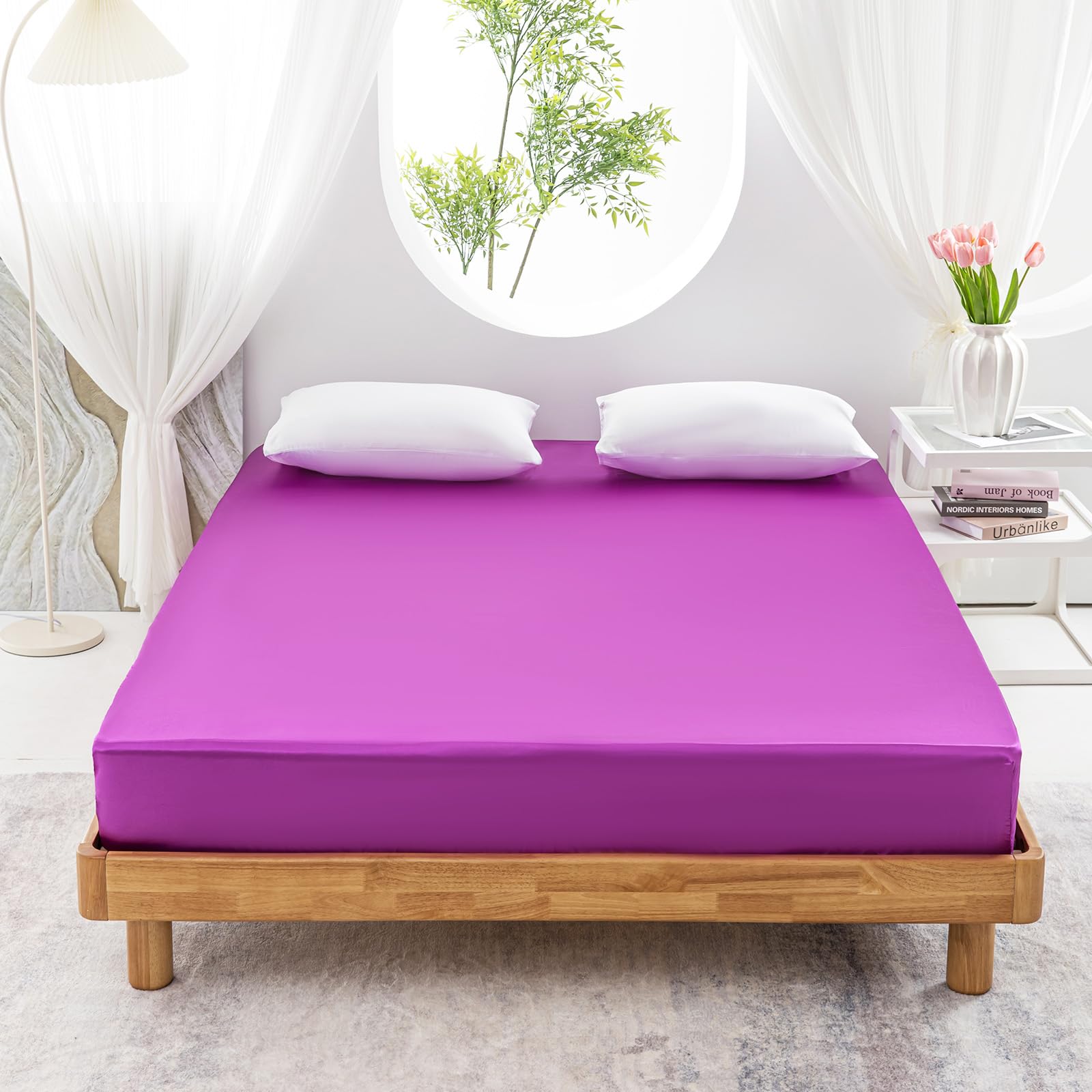 Morbuy Emperor Fitted Sheet Satin Silk Bed Sheets, Violet Fitted Sheets Deep Pocket 30 cm, Easy Care Ultra Soft Silky Fitted Bedsheets Good for Skin & Hair