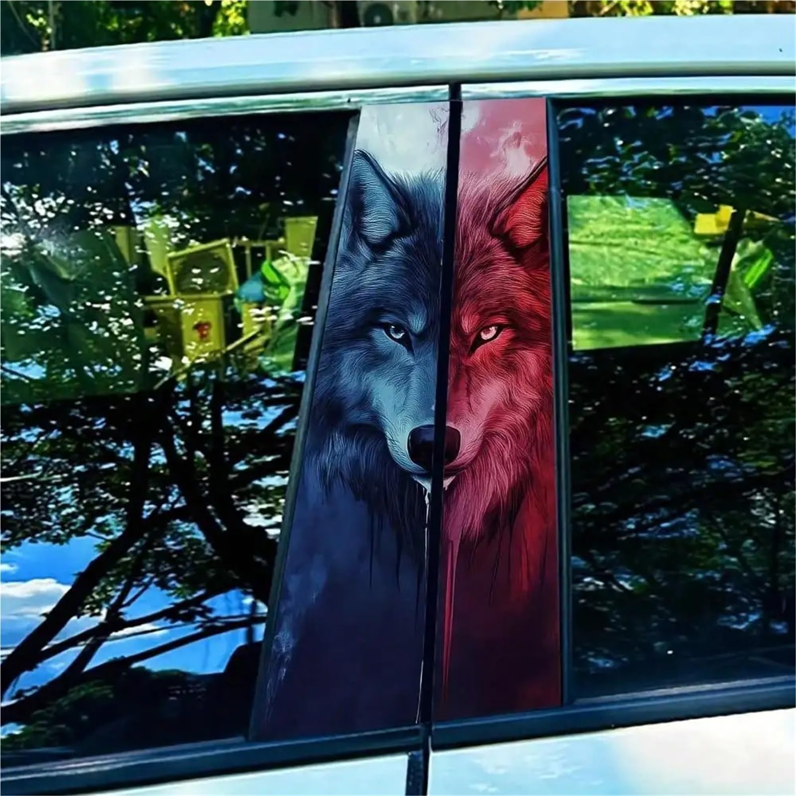 2-Pack Angry Wolf Car Stickers Vinyl B-Pillar Cover DIY Door Post Decals Self-Adhesive Reusable Rectangular Shape Auto Accessories