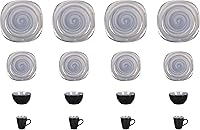 Vista 5 de juego de vajilla de gres cuadrado de 16 piezas, interior gris remolino Spinwash + exterior negro