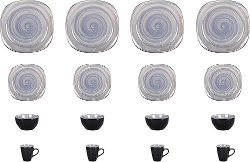 Miniatura 5 de juego de vajilla de gres cuadrado de 16 piezas, interior gris remolino Spinwash + exterior negro