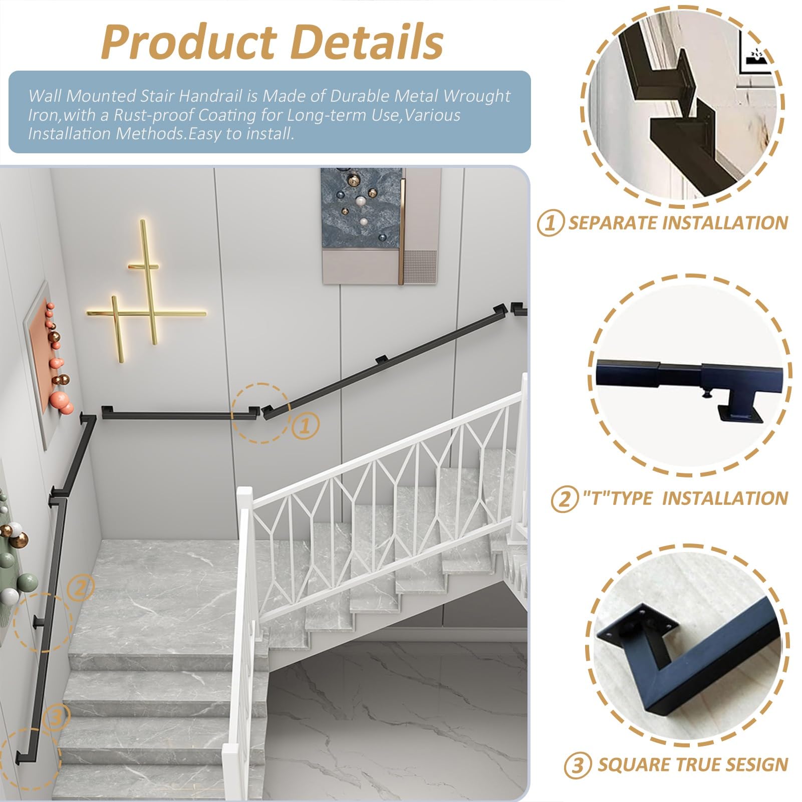 Schwarzes Metall für Treppen, 1 m bis 6 m, Sicherheitsgeländer mit Wandhalterungen und Metallschrauben, Schmiedeeisernes Treppengeländer, verstellbare Größe (500 cm)