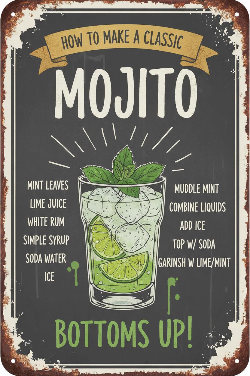 Metal Tin Sign How To Make A Classic Mojito,wall Decor For Bar Pub Kitchen Home Cocktail Billboard 8x12Inch Vintage Signs Aluminum Plates Printed